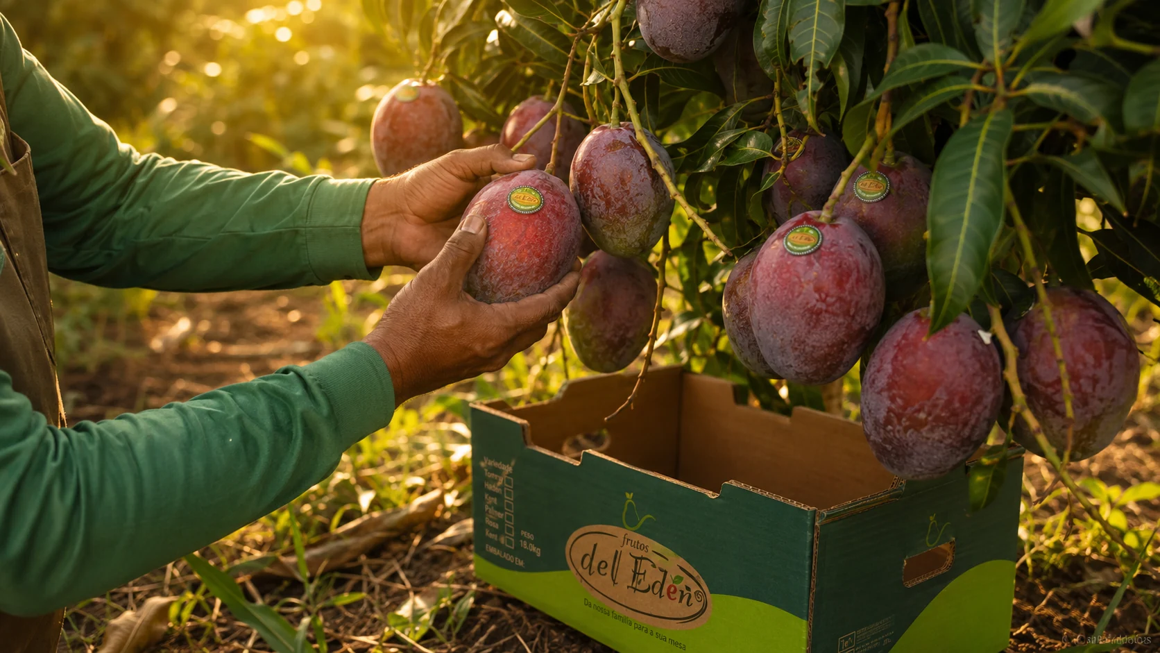 Colheita de mangas del Edén — mãos selecionando frutas na árvore sob luz dourada de Juazeiro, BA