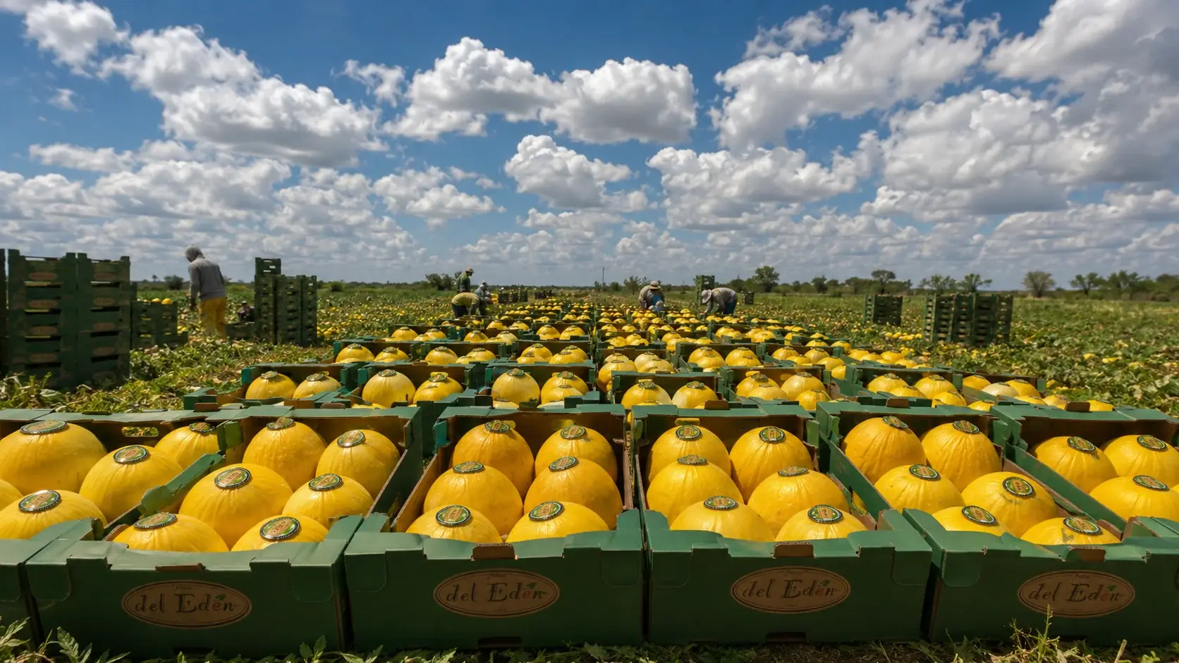 Fileira de caixas del Edén com melão amarelo no campo — volume e escala comercial