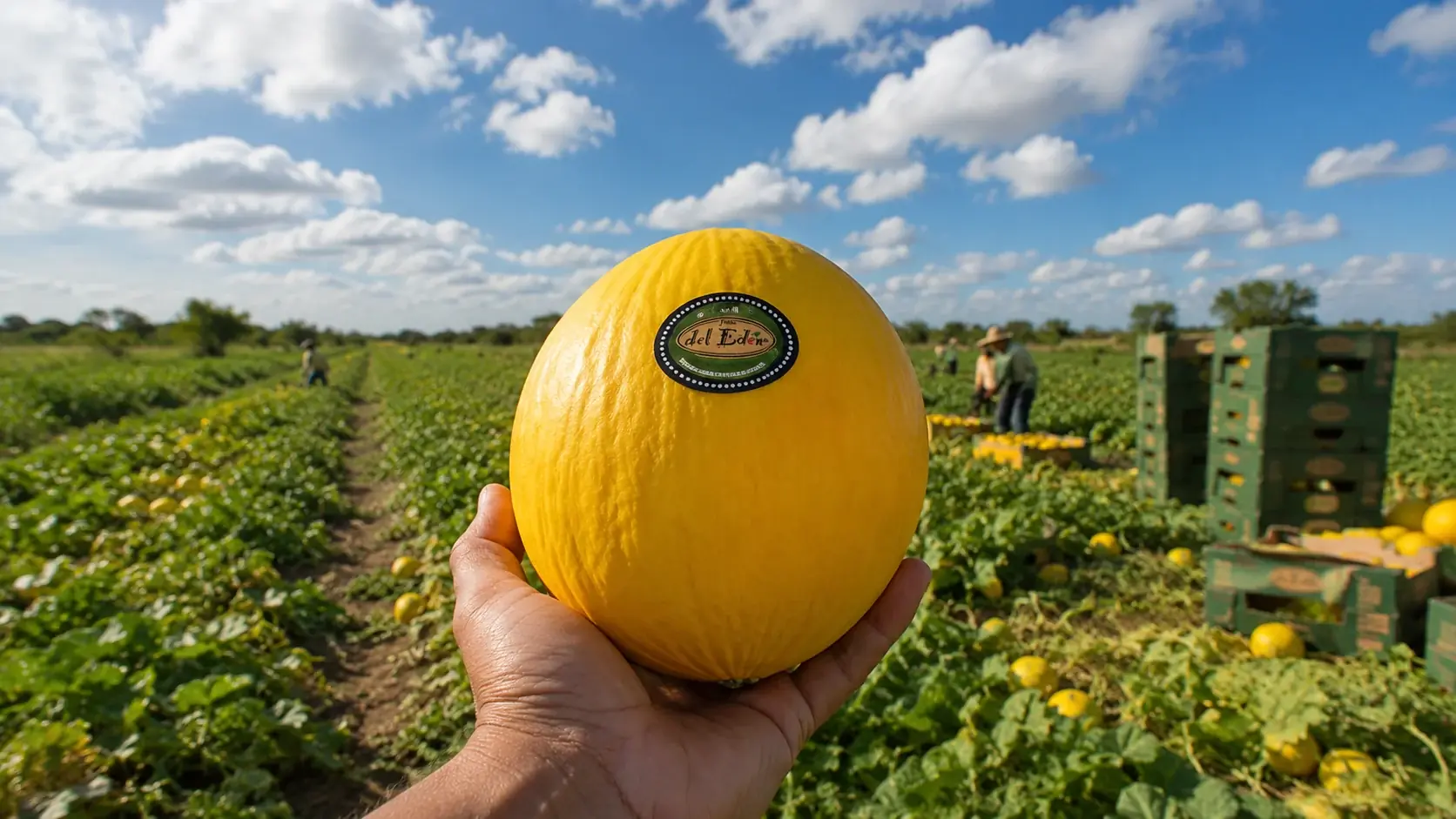 Melão Amarelo del Edén sendo colhido no campo de Mossoró — casca canário e selo de seleção
